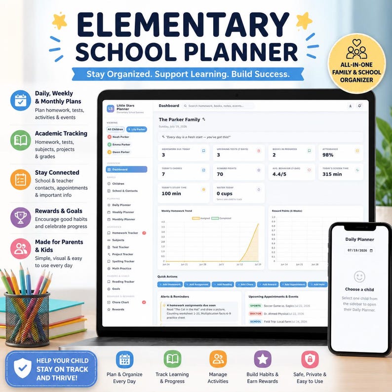 May include: An Elementary School Planner digital dashboard displayed on a laptop and smartphone screen. The interface features sections for daily, weekly, and monthly plans, academic tracking, reward points, and family organization tools with text labels.