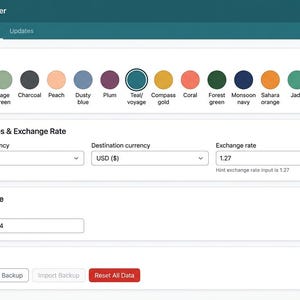 May include: A digital interface titled Digital Nomad & Expat Planner featuring a settings menu with color theme options including blush pink, sage green, charcoal, peach, dusty blue, plum, teal, gold, coral, forest green, navy, orange, jade, and berry.