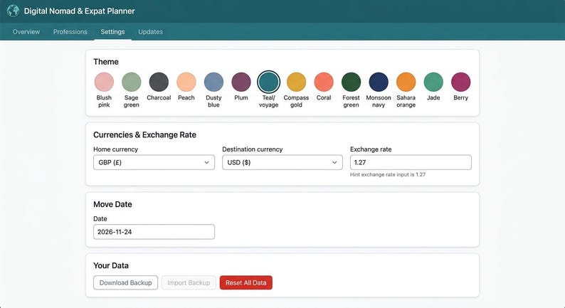 May include: A digital interface titled Digital Nomad & Expat Planner featuring a settings menu with color theme options including blush pink, sage green, charcoal, peach, dusty blue, plum, teal, gold, coral, forest green, navy, orange, jade, and berry.