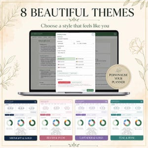 May include: A digital wedding planner interface displayed on a laptop screen, featuring a settings menu with options for eight color themes. The screen shows data fields for couple names, wedding date, budget, and location, alongside four color-coded dashboard previews.