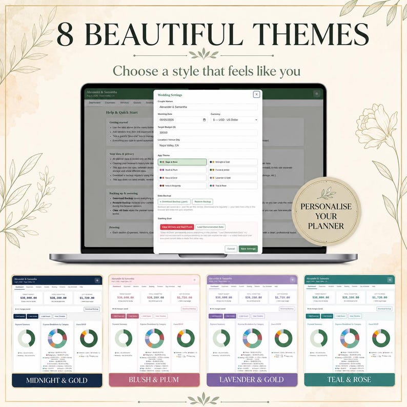 May include: A digital wedding planner interface displayed on a laptop screen, featuring a settings menu with options for eight color themes. The screen shows data fields for couple names, wedding date, budget, and location, alongside four color-coded dashboard previews.