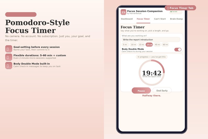 May include: A smartphone screen displaying the Focus Session Companion app with a Pomodoro-style timer. The interface features a task input field, duration options from 5 to 60 minutes, a Body Double Mode toggle, and a circular timer showing 19:42.