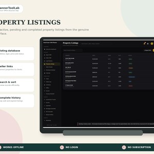 May include: A digital interface for a real estate CRM planner titled Property Listings. The screen displays a dark-themed table with columns for address, price, beds, baths, and status, alongside a sidebar menu and feature list for database management.
