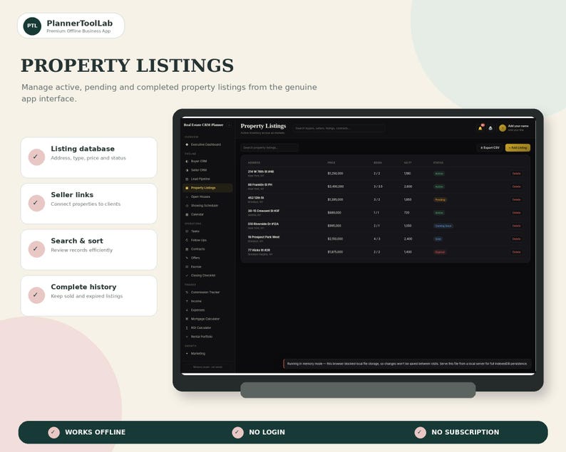 May include: A digital interface for a real estate CRM planner titled Property Listings. The screen displays a dark-themed table with columns for address, price, beds, baths, and status, alongside a sidebar menu and feature list for database management.