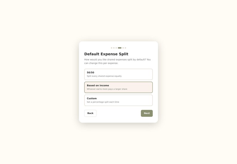 May include: A digital interface screen titled Default Expense Split with options for 50/50, Based on income, and Custom. The screen includes a Back button and a Next button, with text explaining that shared expenses can be changed per expense.