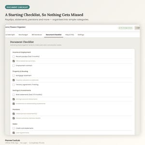 May include: A digital document checklist interface titled Divorce Finance Organiser, featuring categories for Income & Employment, Property & Housing, Savings & Investments, Pensions, and Debts with checkboxes to track financial documents.