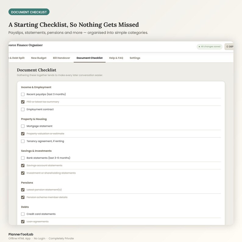 May include: A digital document checklist interface titled Divorce Finance Organiser, featuring categories for Income & Employment, Property & Housing, Savings & Investments, Pensions, and Debts with checkboxes to track financial documents.