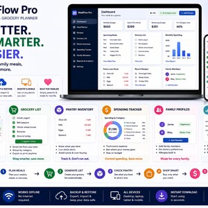 May include: MealFlow Pro digital meal and grocery planner software displayed on a laptop and smartphone. The interface features a dashboard, meal planner, grocery list, pantry inventory, spending tracker, family profiles, and analytics reports.