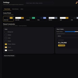 May include: A dark-themed Real Estate CRM Planner settings interface featuring a Theme Studio with luxury presets, manual color customization options, border radius sliders, shadow intensity settings, and a live preview showing $1,250,000.