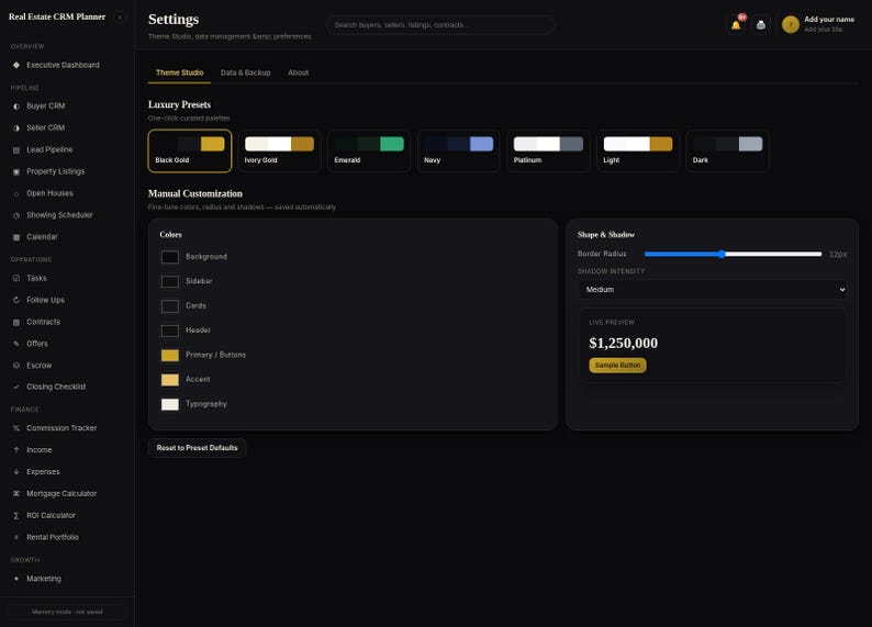 May include: A dark-themed Real Estate CRM Planner settings interface featuring a Theme Studio with luxury presets, manual color customization options, border radius sliders, shadow intensity settings, and a live preview showing $1,250,000.