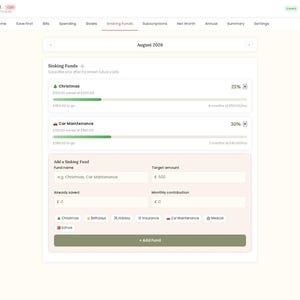 May include: A digital budget tracker interface titled Pay Yourself First showing a Sinking Funds page for August 2026. It displays progress bars for Christmas and Car Maintenance funds, plus an input form to add new funds with category tags.