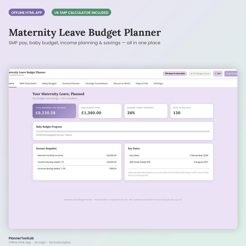 May include: A digital Maternity Leave Budget Planner interface featuring sections for SMP pay, baby budget, income planning, and savings. The dashboard displays data including a total maternity pay of &pound;9,220.56, a baby budget progress bar, and key dates.