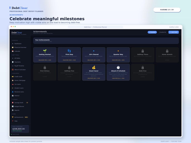 May include: A digital interface for the DebtClear Professional Debt Payoff Planner displaying an Achievements dashboard. The dark-themed screen features a grid of achievement badges with icons, labels like Getting Started and Smart Saver, and status indicators.