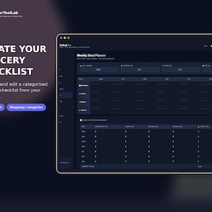 May include: A dark-themed digital interface titled Weekly Meal Planner featuring a grid for daily meals, nutrition targets for protein, carbs, and fat, and a daily nutrition summary table. The text reads Create Your Grocery Checklist.