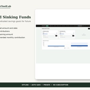 May include: A digital sinking funds tracker interface by PlannerToolLab featuring a dashboard with progress bars for savings goals, contribution tracking, and a bar chart. The layout includes text prompts for setting target amounts, dates, and monthly contributions.