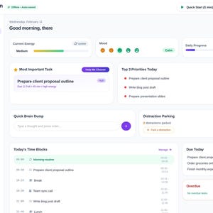 May include: A digital dashboard interface titled ADHD Second Brain featuring a sidebar menu with options like Brain Dump, Focus Mode, and Timebox Planner. The main area displays sections for Current Energy, Mood, Daily Progress, Most Important Task, Top 3 Priorities, Quick Brain Dump, Distraction Parking, Today's Time Blocks, Due Today, and Overdue tasks.