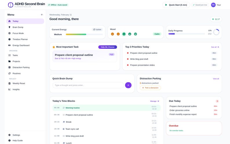May include: A digital dashboard interface titled ADHD Second Brain featuring a sidebar menu with options like Brain Dump, Focus Mode, and Timebox Planner. The main area displays sections for Current Energy, Mood, Daily Progress, Most Important Task, Top 3 Priorities, Quick Brain Dump, Distraction Parking, Today's Time Blocks, Due Today, and Overdue tasks.