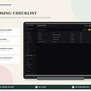 May include: A digital closing checklist interface for real estate professionals, featuring a dark-themed dashboard with transaction milestones, task lists, and status indicators. The layout includes a sidebar menu, search bar, and clear headings for workflow, due dates, and completion status tracking.