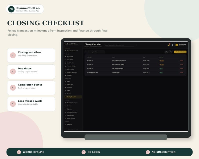 May include: A digital closing checklist interface for real estate professionals, featuring a dark-themed dashboard with transaction milestones, task lists, and status indicators. The layout includes a sidebar menu, search bar, and clear headings for workflow, due dates, and completion status tracking.