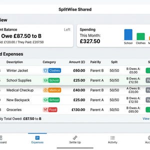 May include: A digital interface for the SplitWise Shared application displaying an overview of expenses. The screen shows a current balance of &pound;87.50 owed to B, a monthly spending bar chart, and a detailed table of shared expenses with categories.