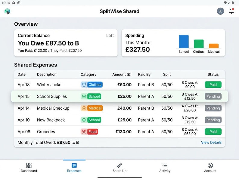 May include: A digital interface for the SplitWise Shared application displaying an overview of expenses. The screen shows a current balance of &pound;87.50 owed to B, a monthly spending bar chart, and a detailed table of shared expenses with categories.