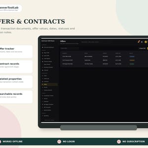 May include: A digital interface for a real estate CRM planner titled OFFERS & CONTRACTS. The screen displays a dark-themed dashboard with a list of offers, including columns for property, buyer, amount, and date. Features include offline access.