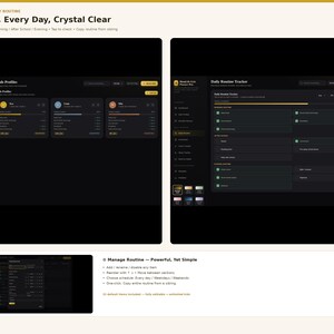 May include: A digital interface for a kids' daily routine tracker featuring dark mode, color-tagged profiles, and task management lists. The screen displays text including Every Kid, Every Day, Crystal Clear, Kids Profiles, and Daily Routine Tracker.