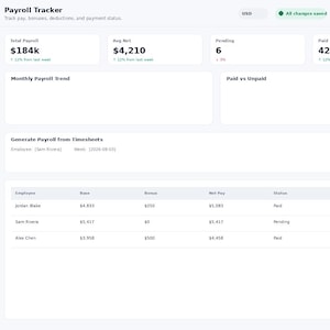 May include: The EmployeeFlow Pro Payroll Tracker dashboard interface displays key metrics including total payroll of $184k, average net pay of $4,210, and a list of employees with their respective pay rates, bonuses, net pay, and payment status.