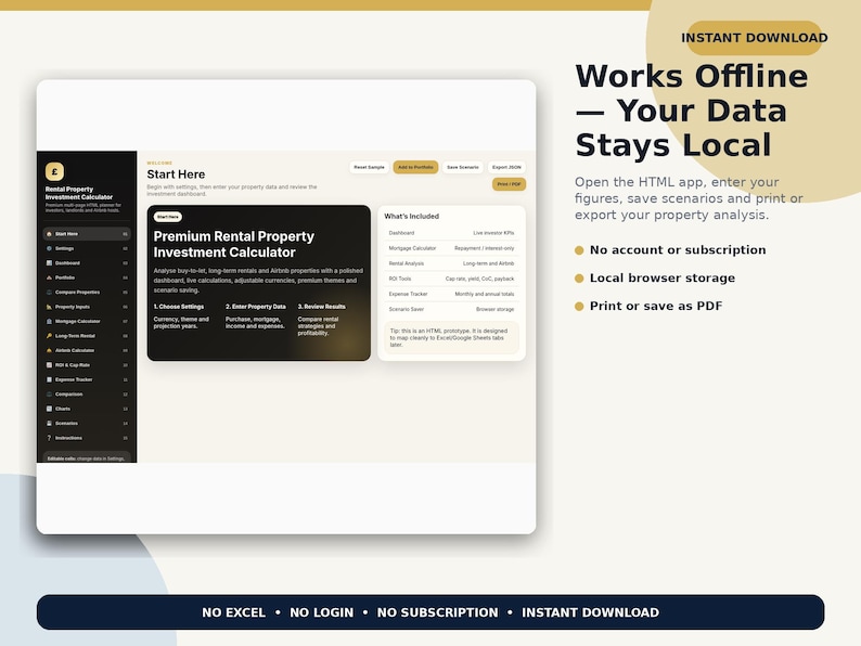 May include: A digital interface for a Premium Rental Property Investment Calculator. The screen displays a dashboard with navigation menus, property analysis tools, and text stating: Works Offline &mdash; Your Data Stays Local, No account or subscription, Local browser storage, Print or save as PDF, NO EXCEL, NO LOGIN, NO SUBSCRIPTION, INSTANT DOWNLOAD.