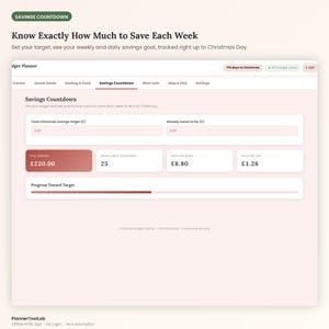 May include: A digital budget planner interface titled Savings Countdown. The screen displays input fields for total savings target and amount saved, with calculated fields for still needed, weeks until Christmas, and daily savings goals.