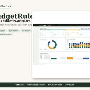 May include: A digital interface for the BudgetRule 50/30/20 budget planner app, featuring a dashboard with a budget allocation bar, a donut chart, and a monthly spending bar graph. The text includes PlannerToolLab, BudgetRule, and feature labels.