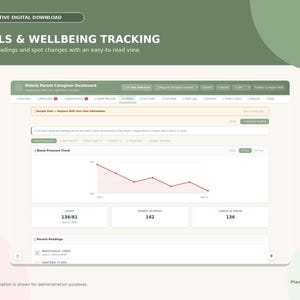 Puede incluir: Un panel digital interactivo para el seguimiento de signos vitales y bienestar de padres mayores. La interfaz incluye un gr&aacute;fico de l&iacute;neas de presi&oacute;n arterial, cuadros de resumen de lecturas y una lista de registros recientes.