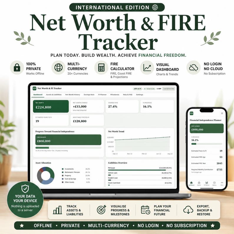 May include: A digital Net Worth & FIRE Tracker displayed on a laptop and smartphone screen. The interface features financial dashboards, charts, and progress bars for tracking assets, liabilities, and savings rates in British pounds, with text labels.