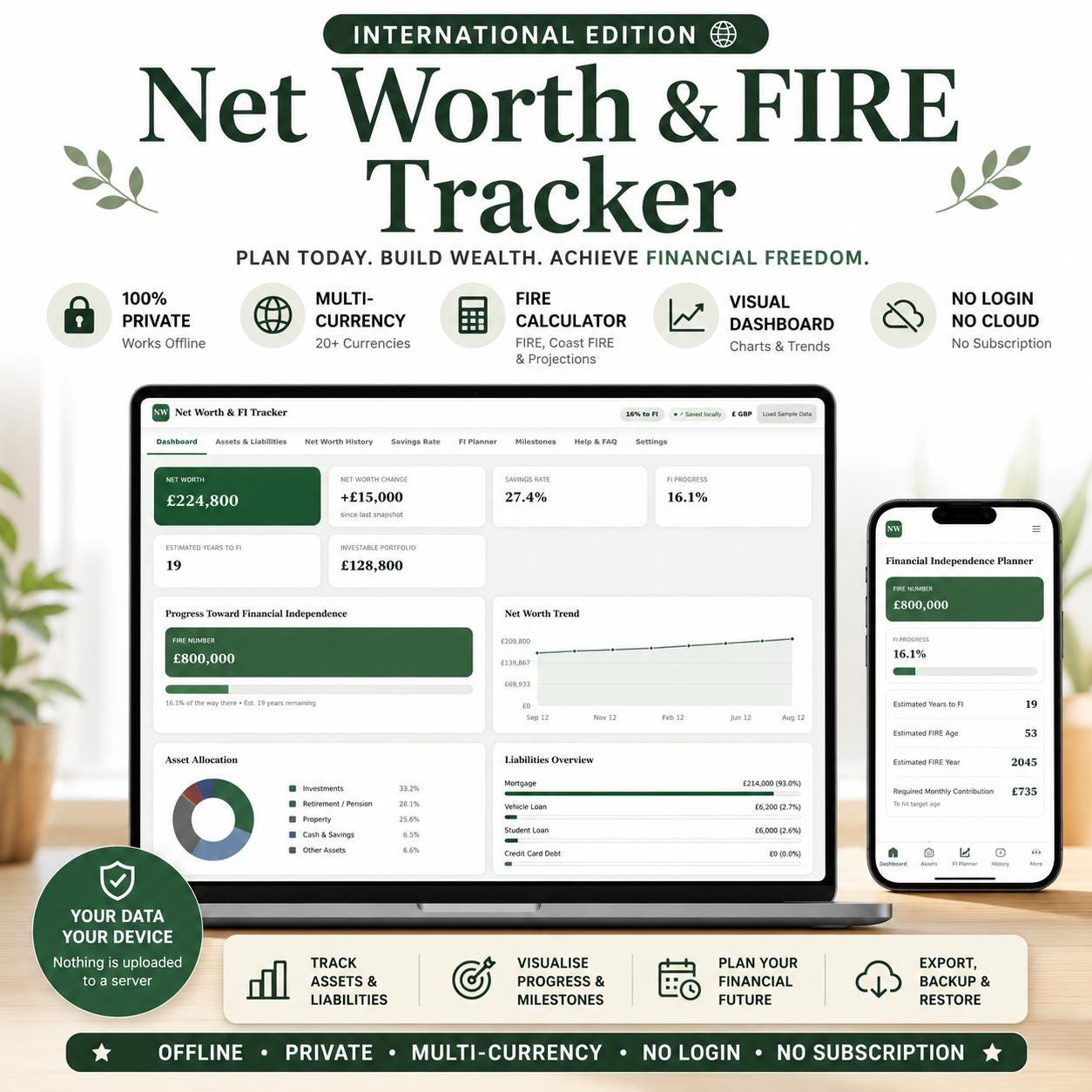 Net Worth & FIRE Tracker — screenshot preview