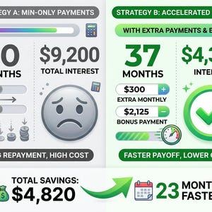 May include: An infographic comparing two debt repayment strategies. Strategy A shows 60 months and $9,200 interest with a sad face icon. Strategy B shows 37 months and $4,380 interest with a green checkmark. Total savings are $4,820 and 23 months faster.