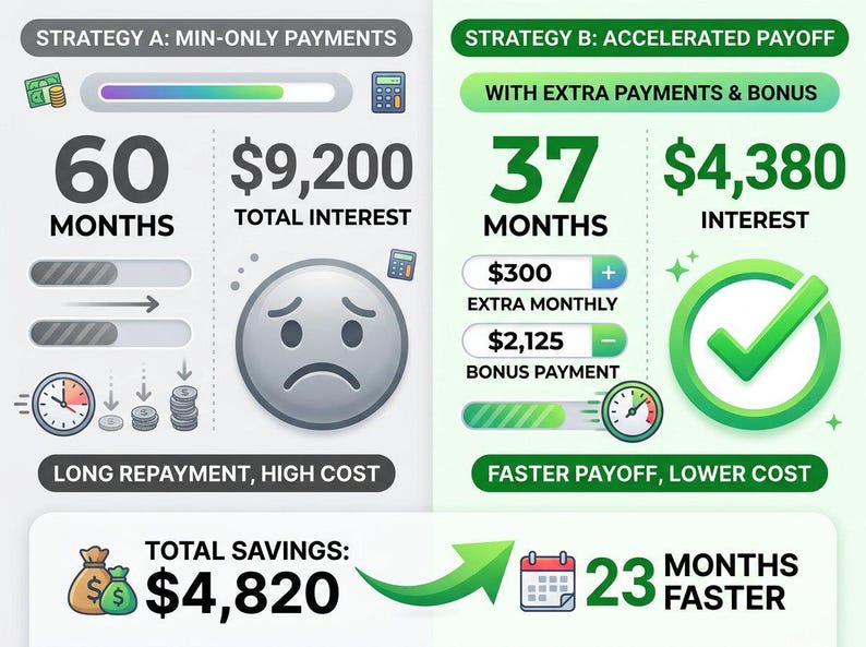May include: An infographic comparing two debt repayment strategies. Strategy A shows 60 months and $9,200 interest with a sad face icon. Strategy B shows 37 months and $4,380 interest with a green checkmark. Total savings are $4,820 and 23 months faster.