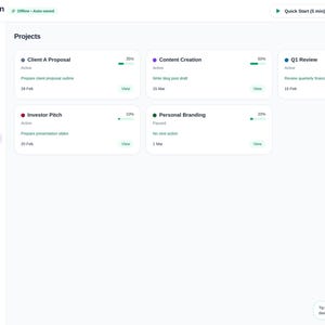 May include: A digital project management dashboard titled ADHD Second Brain featuring a sidebar menu with options like Today, Brain Dump, and Projects. The main area displays project cards including Client A Proposal, Content Creation, Q1 Review, Investor Pitch, and Personal Branding with progress bars and status indicators.