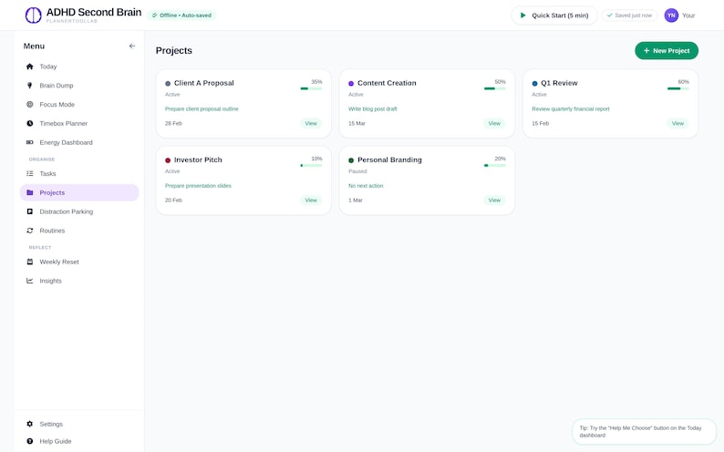 May include: A digital project management dashboard titled ADHD Second Brain featuring a sidebar menu with options like Today, Brain Dump, and Projects. The main area displays project cards including Client A Proposal, Content Creation, Q1 Review, Investor Pitch, and Personal Branding with progress bars and status indicators.