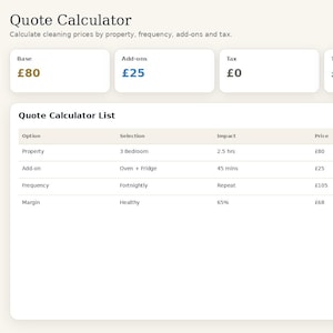 May include: A digital interface for the CleanSuite Quote Calculator featuring a dark sidebar with navigation links and a main panel displaying a calculation summary with base, add-on, tax, and total fields, plus a detailed quote calculator list table.