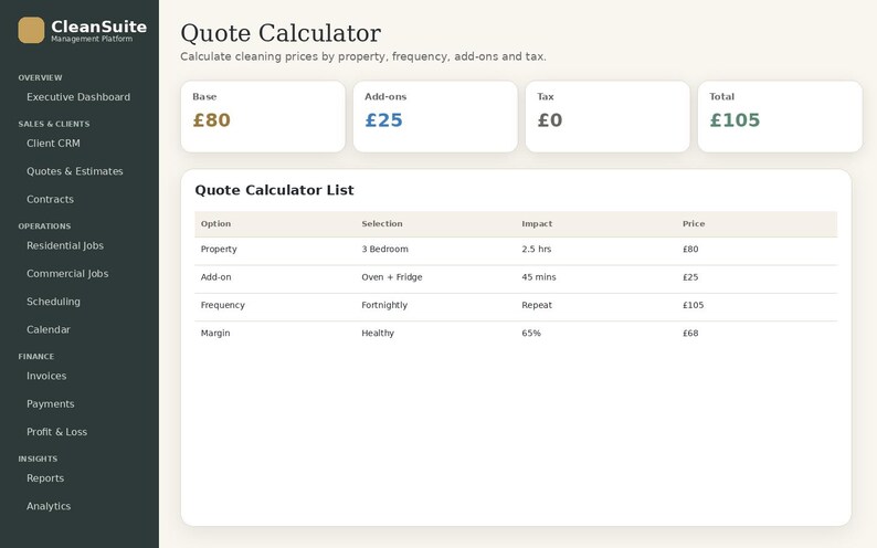 May include: A digital interface for the CleanSuite Quote Calculator featuring a dark sidebar with navigation links and a main panel displaying a calculation summary with base, add-on, tax, and total fields, plus a detailed quote calculator list table.