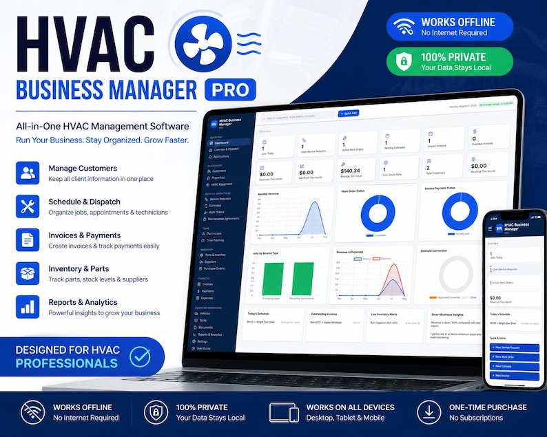 May include: A laptop and smartphone displaying HVAC Business Manager Pro software. The screen shows a dashboard with charts, financial data, and management tools. Text includes 'All-in-One HVAC Management Software', 'Works Offline', and '100% Private'.