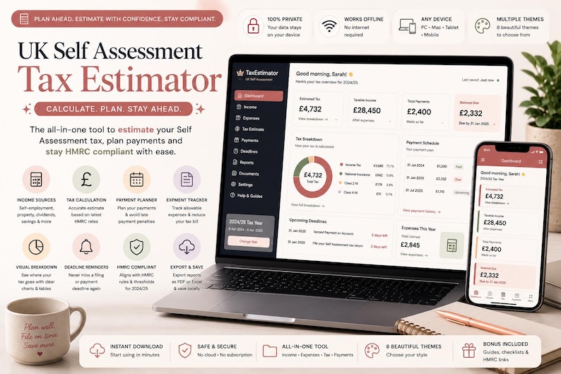 UK Self Assessment Tax Calculator | Sole Trader, Freelancer HMRC Estimator (Offline HTML App) image 1