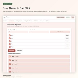 May include: A digital Secret Santa organizer interface featuring a spending limit input field, a participant list with names like Amy, Jack, Liv, Tom, and Priya, and a draw results section. The layout includes buttons to add participants, draw names, and clear the draw.