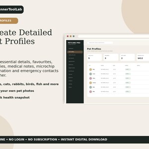 May include: A digital pet profile planner interface titled Petcare Pro, featuring a dark sidebar menu and a light-colored dashboard displaying pet names, species, and health data. The layout includes text fields for pet details, medical notes, and emergency contacts, presented in a clean, organized format for tracking pet information.