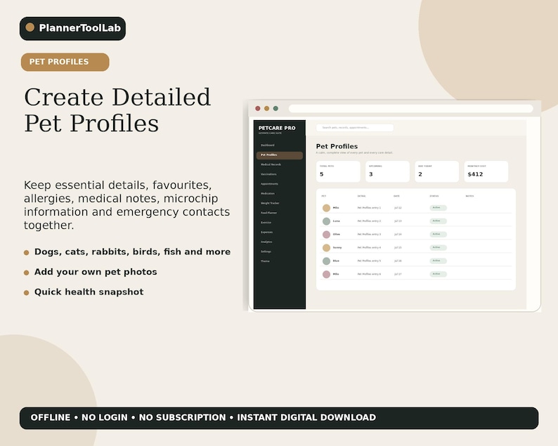 May include: A digital pet profile planner interface titled Petcare Pro, featuring a dark sidebar menu and a light-colored dashboard displaying pet names, species, and health data. The layout includes text fields for pet details, medical notes, and emergency contacts, presented in a clean, organized format for tracking pet information.