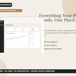 May include: A digital pet care dashboard interface titled Petcare Pro, featuring a dark sidebar, a light main area with a line graph, and text stating Everything Your Pet Needs. One Place. Includes labels for health, wellness, and care routines.