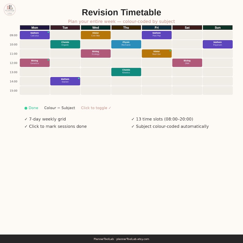 May include: A digital revision timetable featuring a seven-day weekly grid with color-coded subjects. The layout includes time slots from 09:00 to 15:00, labeled with subjects like Mathematics, Chemistry, History, Physics, and Biology, plus checkmarks.