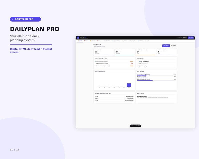 K&ouml;nnte beinhalten: Eine digitale Dashboard-Oberfl&auml;che mit dem Titel DAILYPLAN PRO f&uuml;r ein t&auml;gliches Planungssystem. Der Bildschirm zeigt ein Dashboard mit Bereichen f&uuml;r Aufgaben, Fortschritt und Zeitpl&auml;ne, einschlie&szlig;lich der Textbeschriftungen DAILYPLAN PRO und 01 / 19.