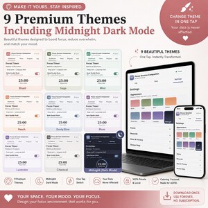 May include: A digital product display showing 9 premium themes for the Focus Session Companion app, including Midnight Dark Mode. The image features a laptop and smartphone interface with various color options, text labels, and icons.