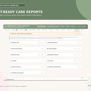 Puede incluir: Una descarga digital interactiva titulada Print-Ready Care Reports para un panel de control de cuidadores de personas mayores. La interfaz presenta un dise&ntilde;o limpio con botones para Medication List, Doctor Visit Summary y otros.